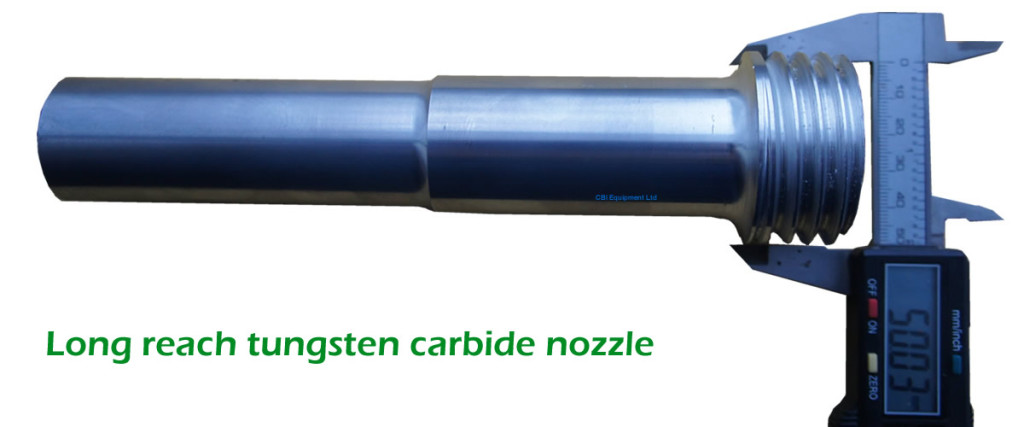 Long reach tungsten carbide blast nozzle